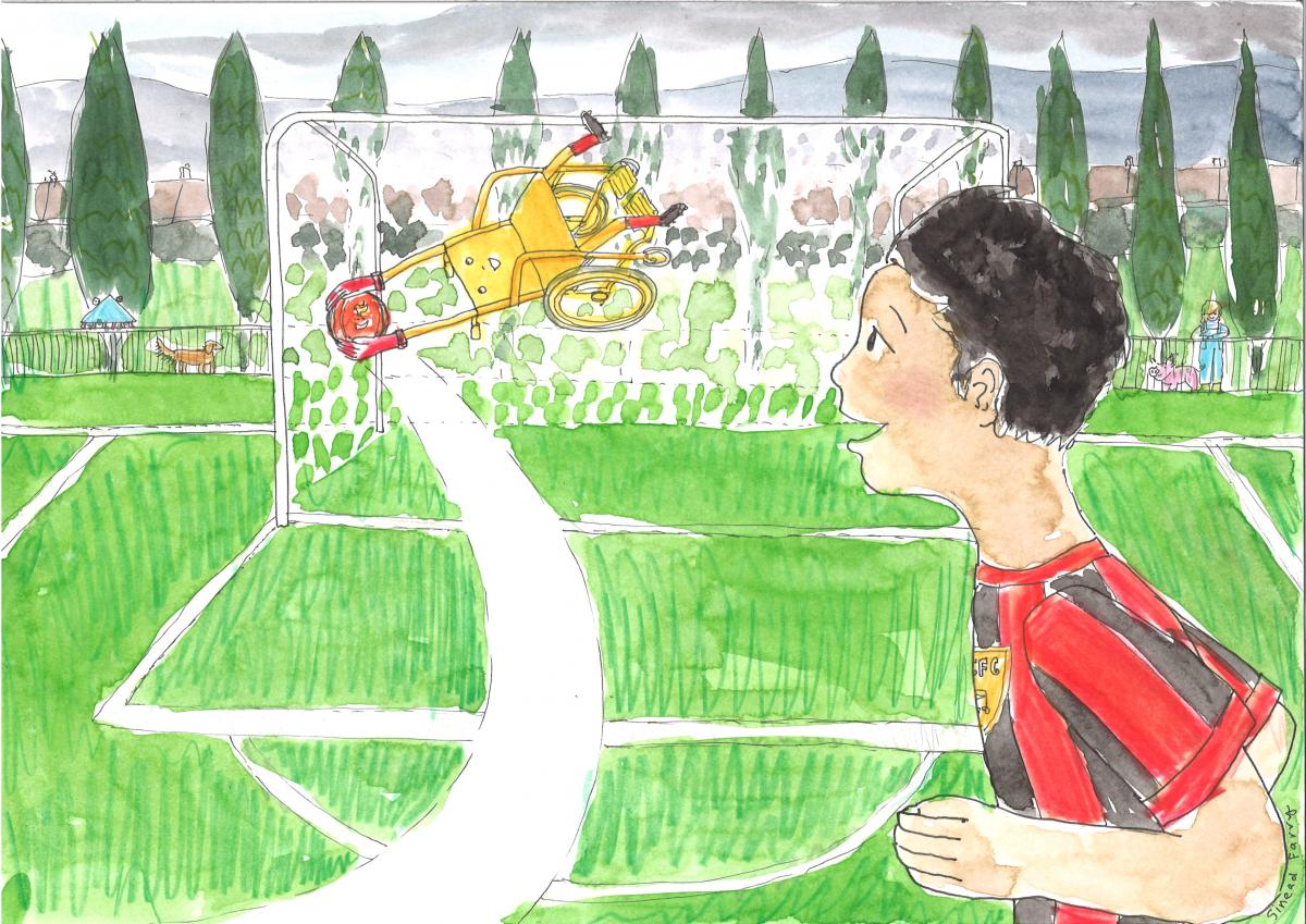 Illustration of "The Golden Wheelchair" showing the main character Matt and best friend Joshy on the football pitch