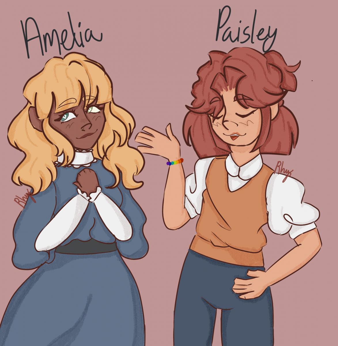 A girl called Amelia with brown skin, blond hair, and green eyes is wearing a dark blue dress with white ruffled sleeves and collar. Next to her a girl called Paisley with white skin and red hair is wearing a white collared shirt, a beige vest, dark blue trousers, and a rainbow bracelet.