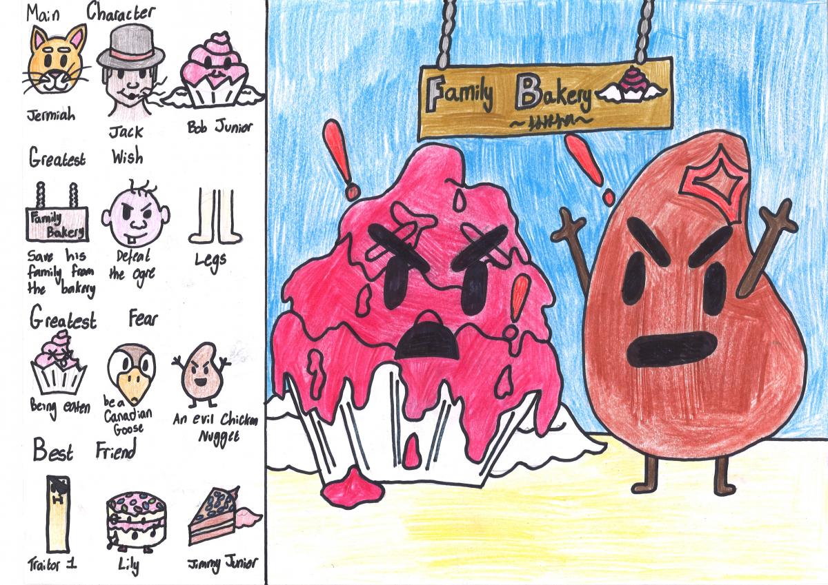 An angry melting cupcake and an angry evil nugget. On the left hand side are little sketches of the other suggested characters like a magic cat called Jermiah and a singing vanilla cake called Lily