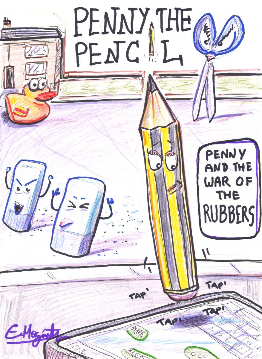 An unhappy pencil texts on a phone while two rubbers pull silly faces in the background