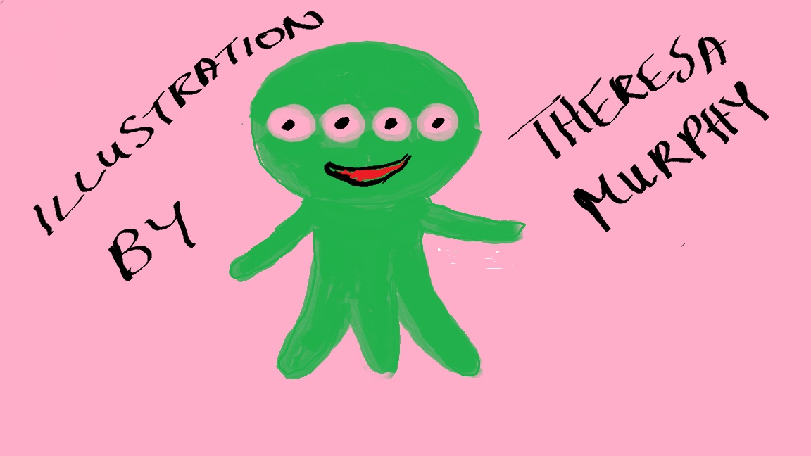 A green alien with 4 eyes, two arms and three legs on a pink background