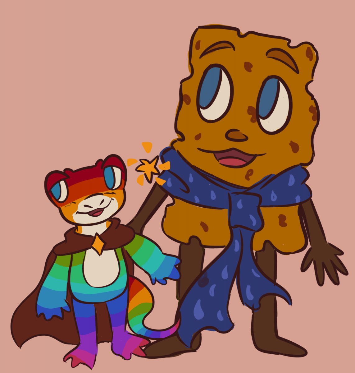 A rainbow gecko wearing a brown cape and and a sponge wearing a blue scarf