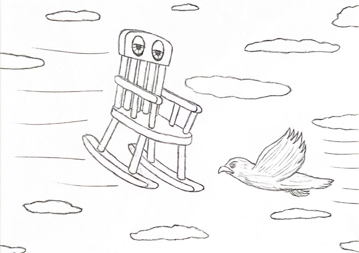 A rocking chair with tired eyes flying through the sky next to an angry bird