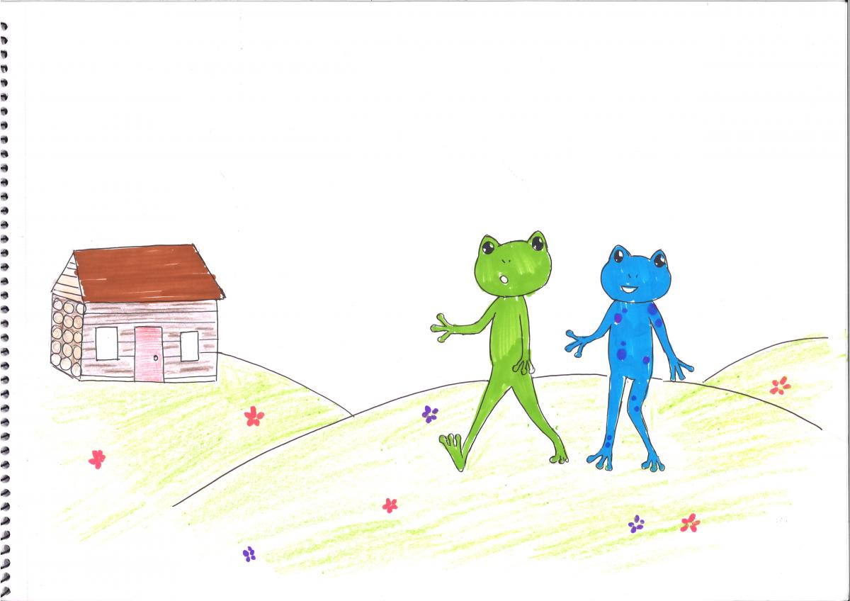 Two frogs walking through hills covered in flowers. One frog is blue and the other is green. There is a house in the background