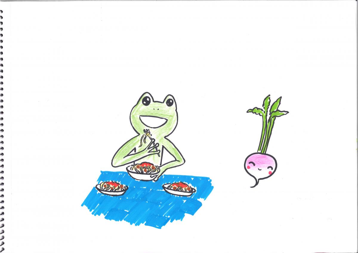 A frog eating three bowls of spaghetti next to a smiling radish