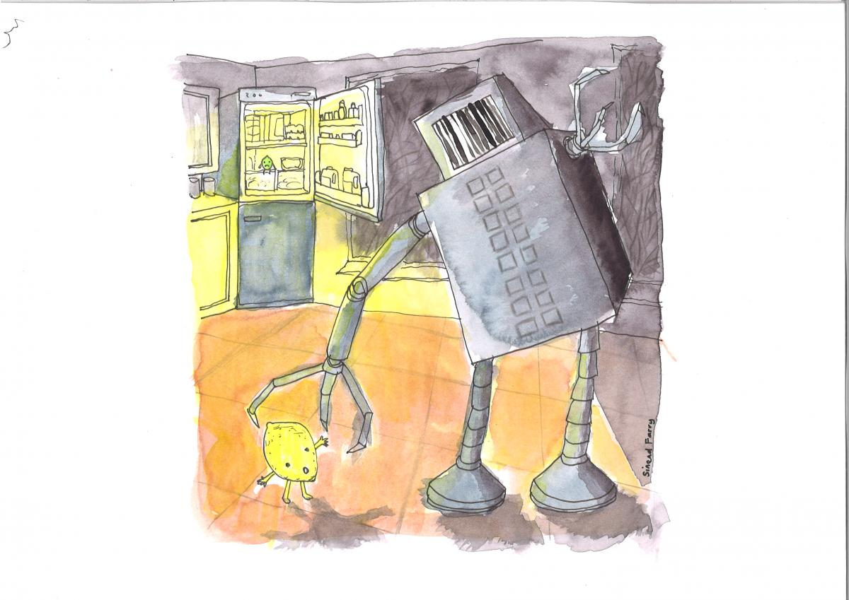 A robot looming over a frightened lemon in a kitchen next to an open fridge