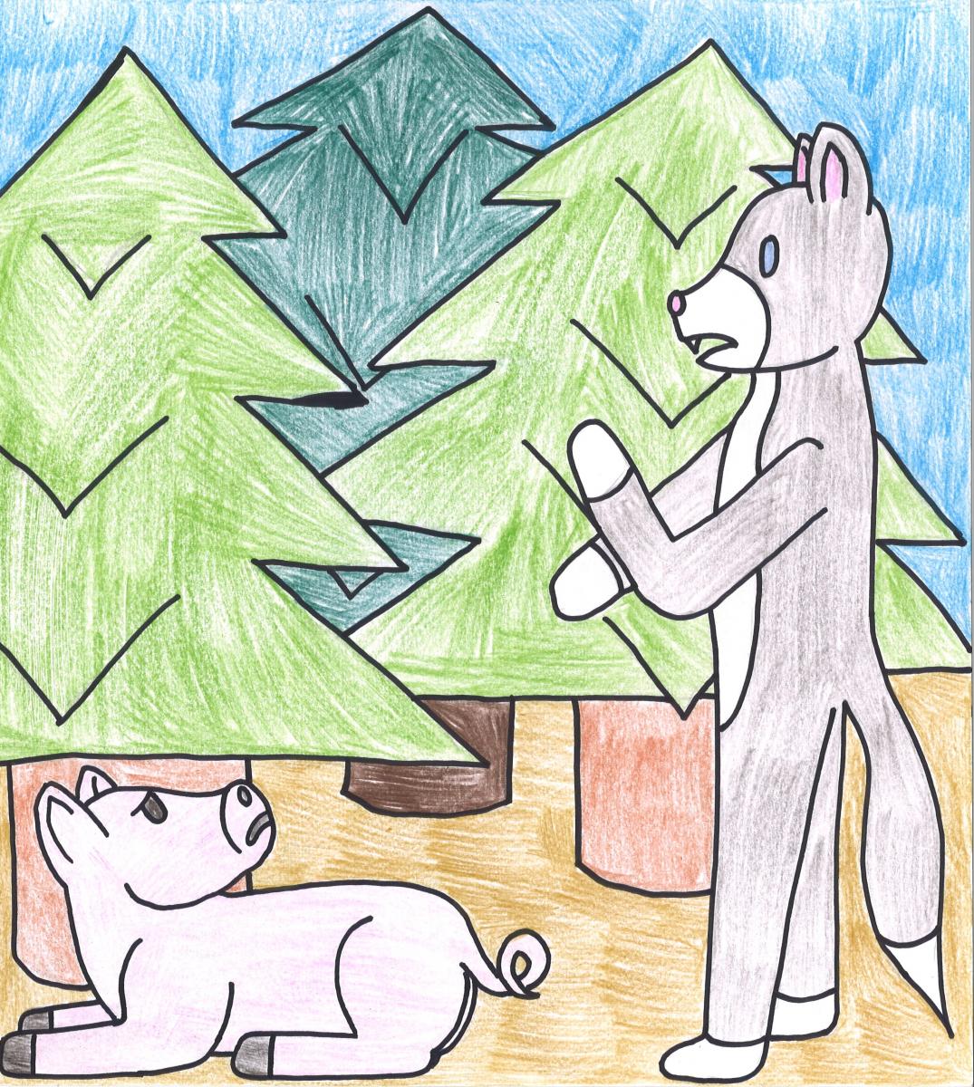 wolf standing in the forest next to a sleeping pig 