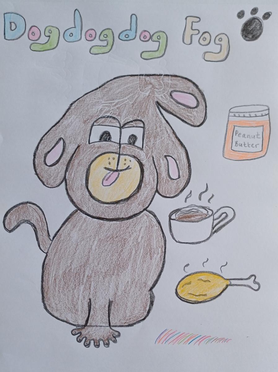 A brown dog with 3 floppy ears and one leg. floating around him is a hot chicken leg, a rainbow coloured eyebrow, a jar of peanut butter and a hot cup of coffee