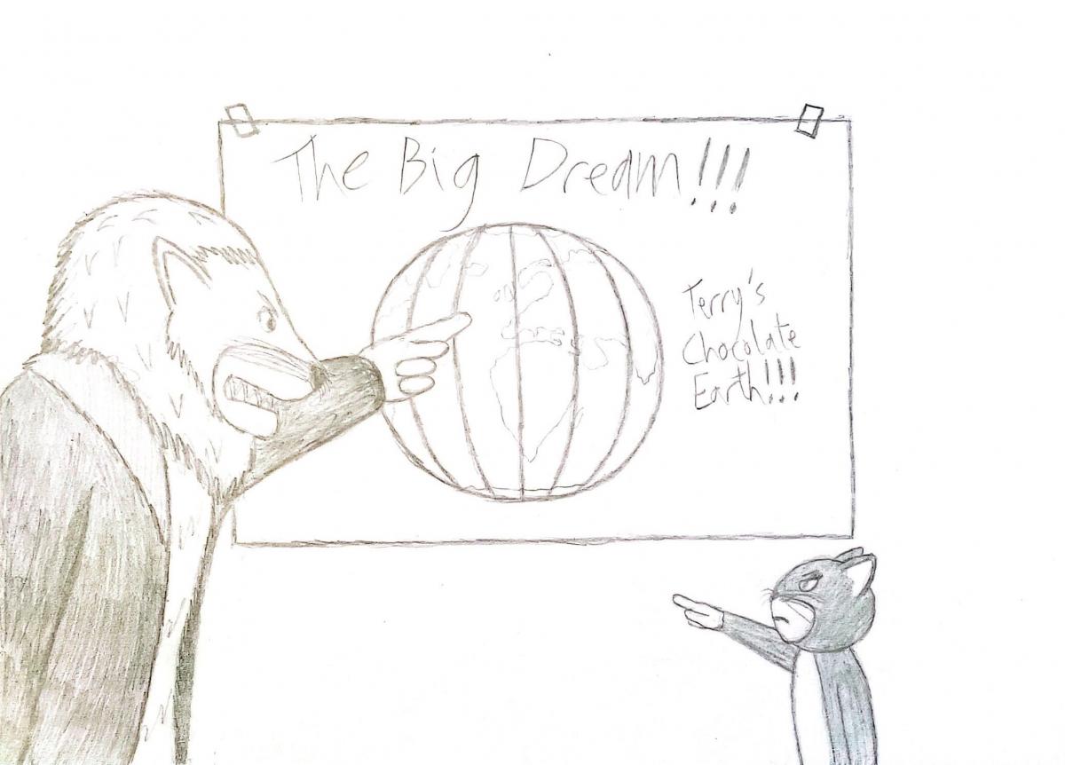 A Lion in front of a diagram showing the earth as a Terry's Chocolate Orange while arguing with a small black and white cat