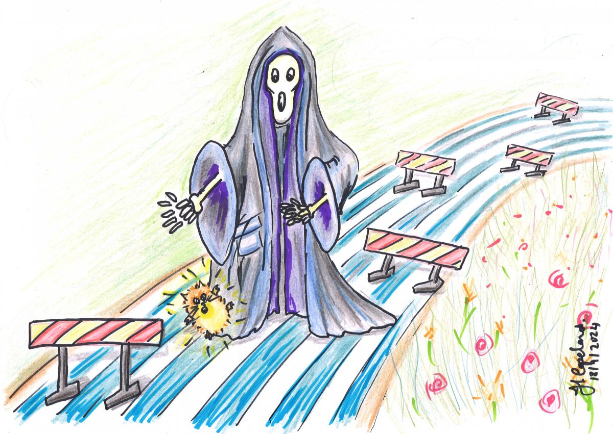 The Grimm Reaper doing an obstacle course and his hamster has fallen out of his pocket and puffed up his fur in fright.