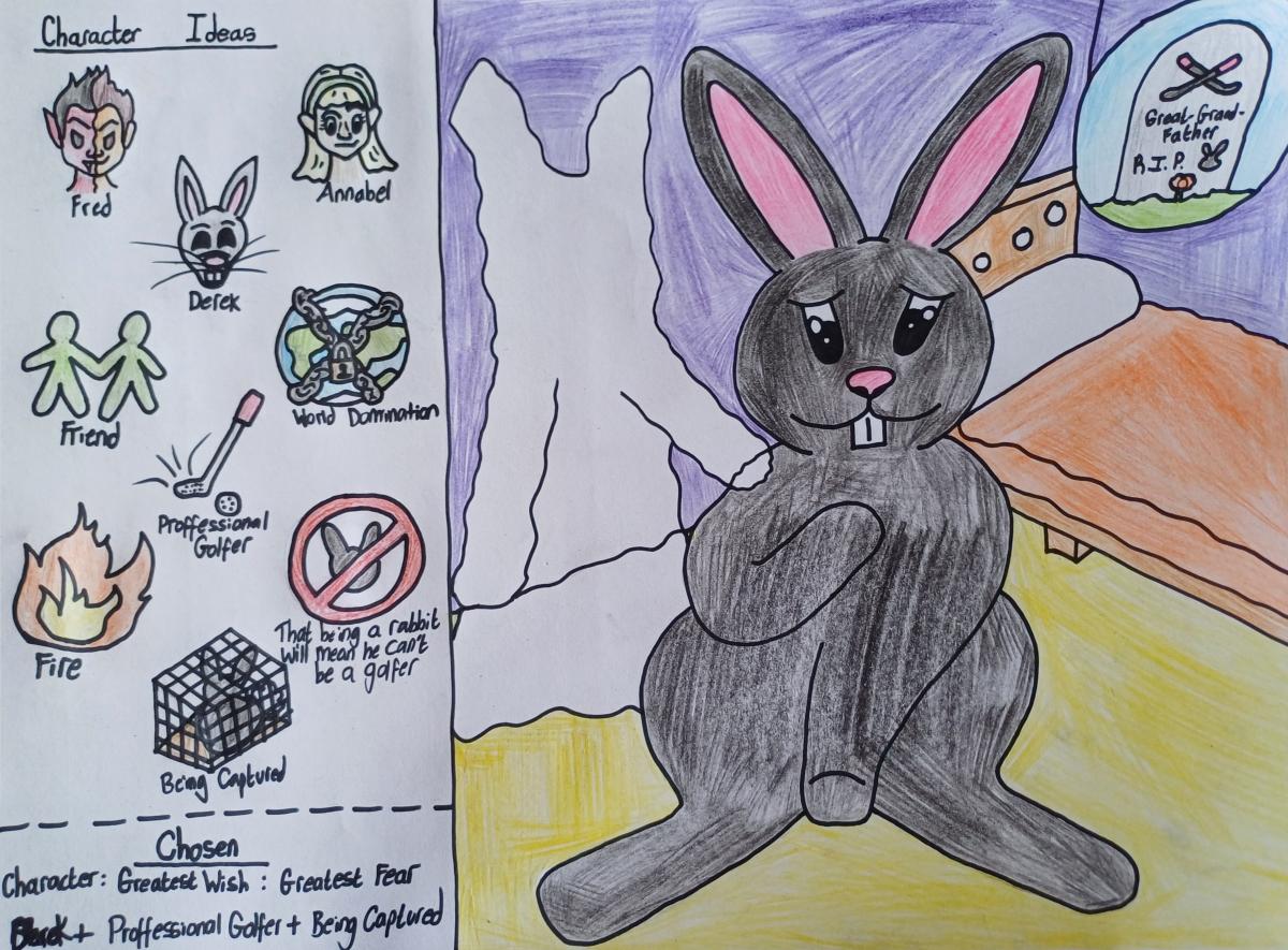 A rabbit standing in its bedroom thinking about its Great Grandfather's Grave when a ghost rabbit puts its hand on the rabbit's shoulder