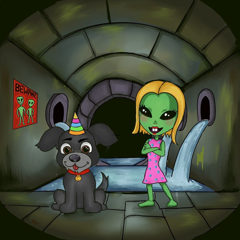 An alien with blonde hair, make-up and a pink dress, and a dog wearing a striped party hat in a sewer. There is a poster on the sewer wall that says "Beware Aliens"