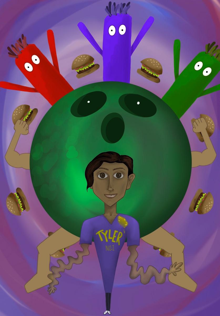 A man with wiggly arms standing in front of a massive bowling ball with arms and legs