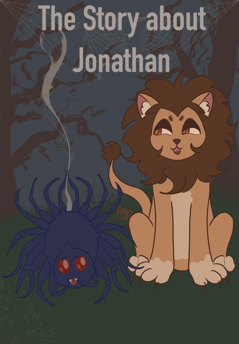 A lion and a 20-legged spider stand in a forest