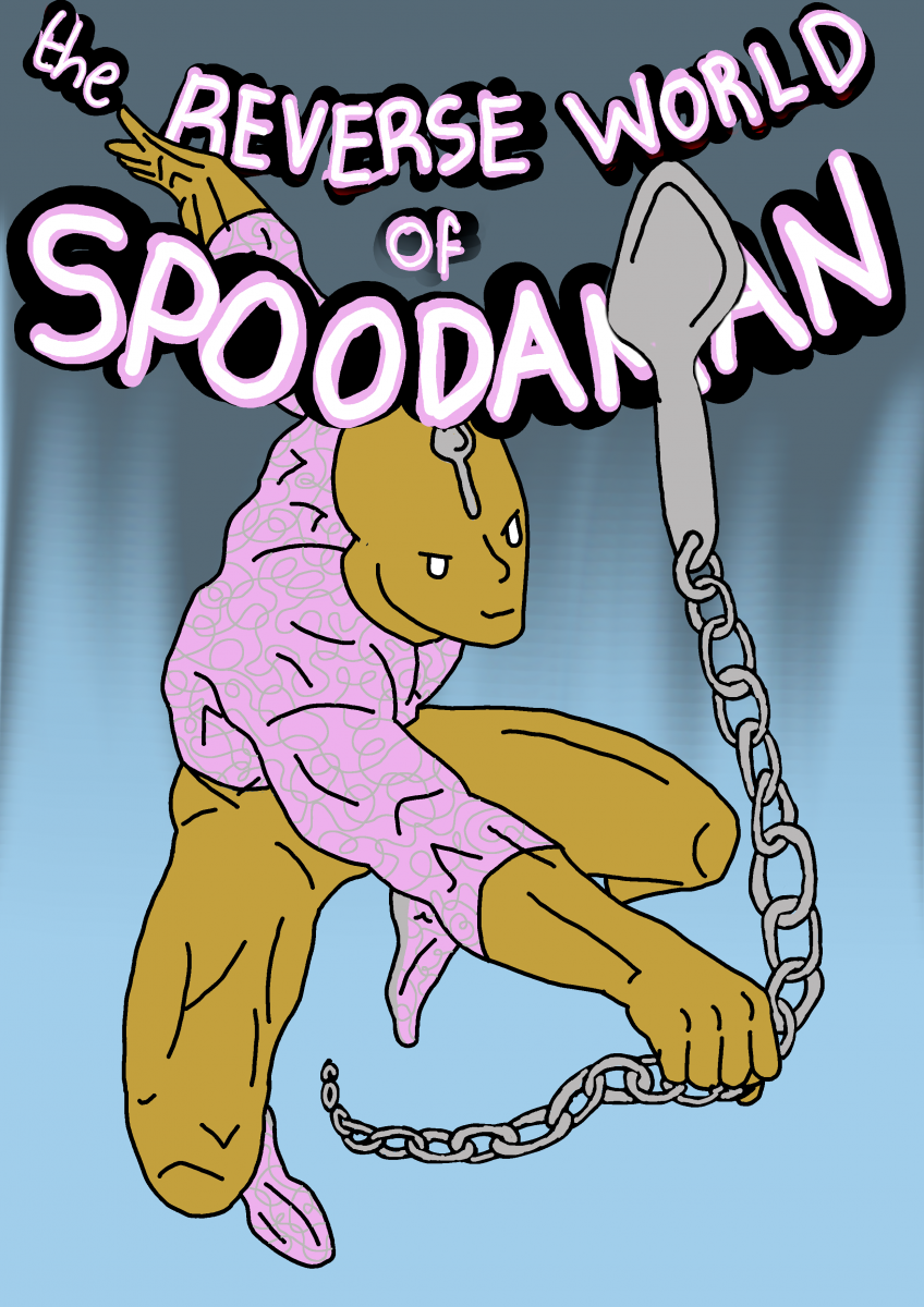 A spoon-themed superhero swinging through the air using a giant spoon on the end of a chain.