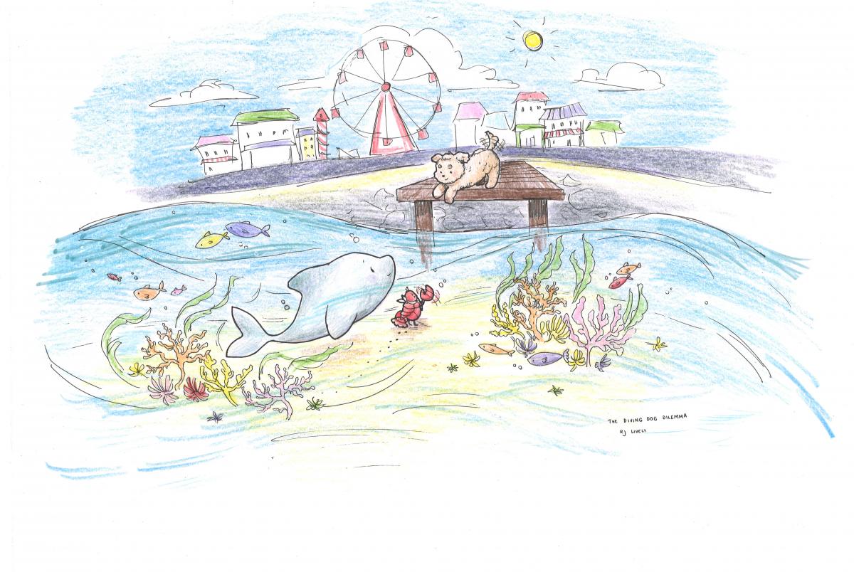 A dog on a pier looking down at a dolphin and a lobster in the sea. The pier has a town with a funfair behind it and the sea is filled with coral and fishes.