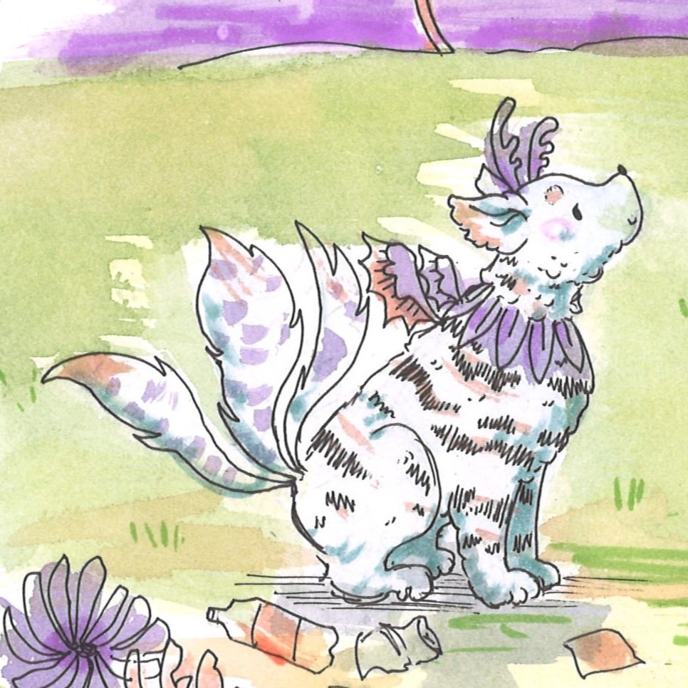 A light blue dog with purple, orange and black stripes. It has small deer antlers and small dragon wings as well as three tails.