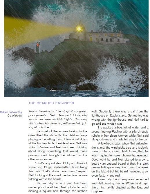 an illustration of a lighthouse keeper who stands on the rocks and waves in the heavy rain with the light of the lighthouse cutting through the darkness