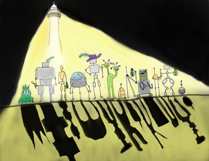 an illustration of robots and monsters standing the in the ray of light from the lighthouse in the background.