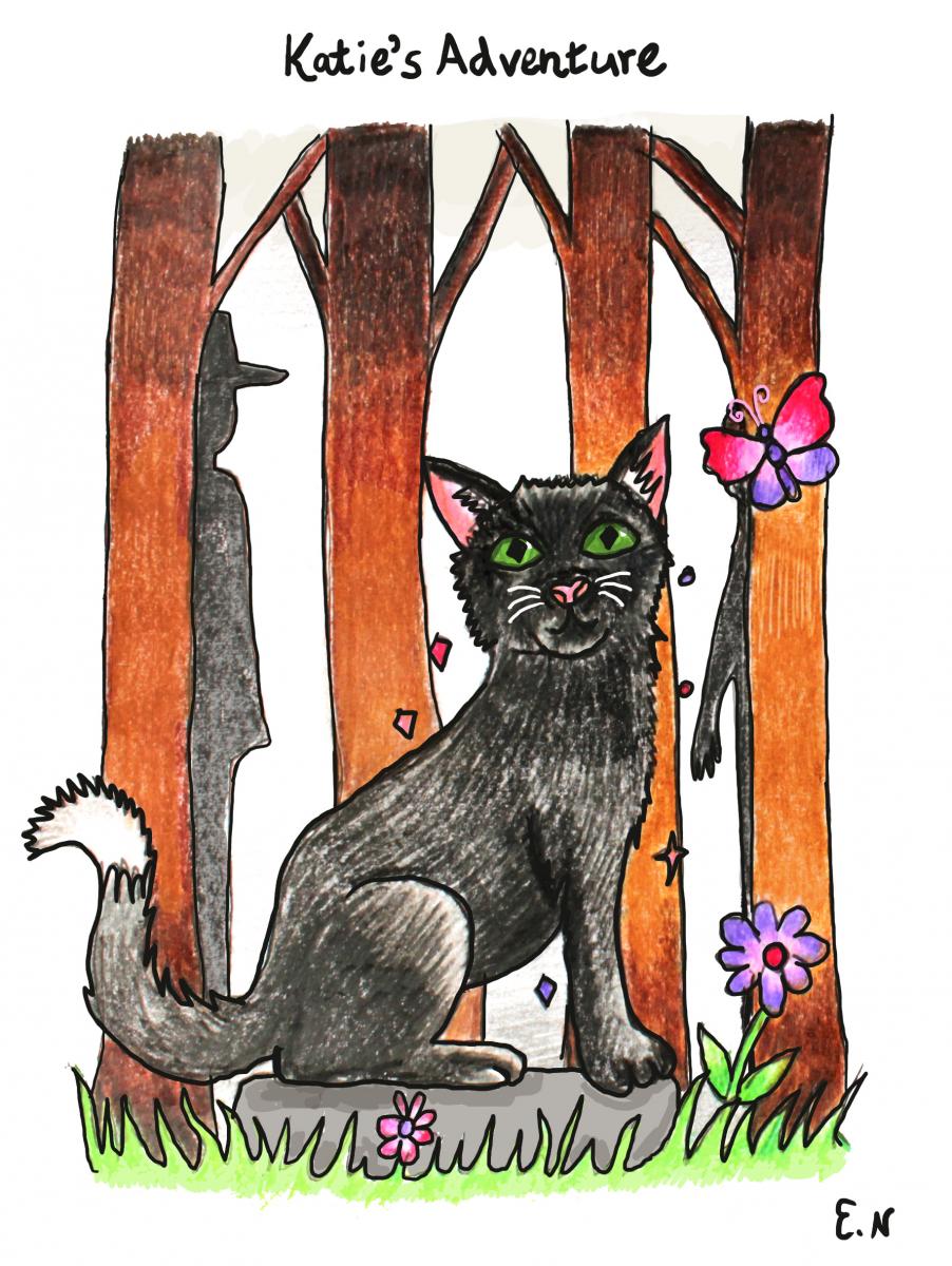 Katie's Adventure - Black Cat in Woods - artwork by Eileen Neill