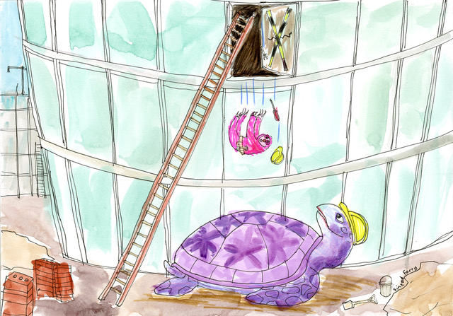 A Building Catastrophe Artwork by Sinead Farry - Bob the pink sloth falls from his ladder towards Google-Eyes the Big Purple Turtle