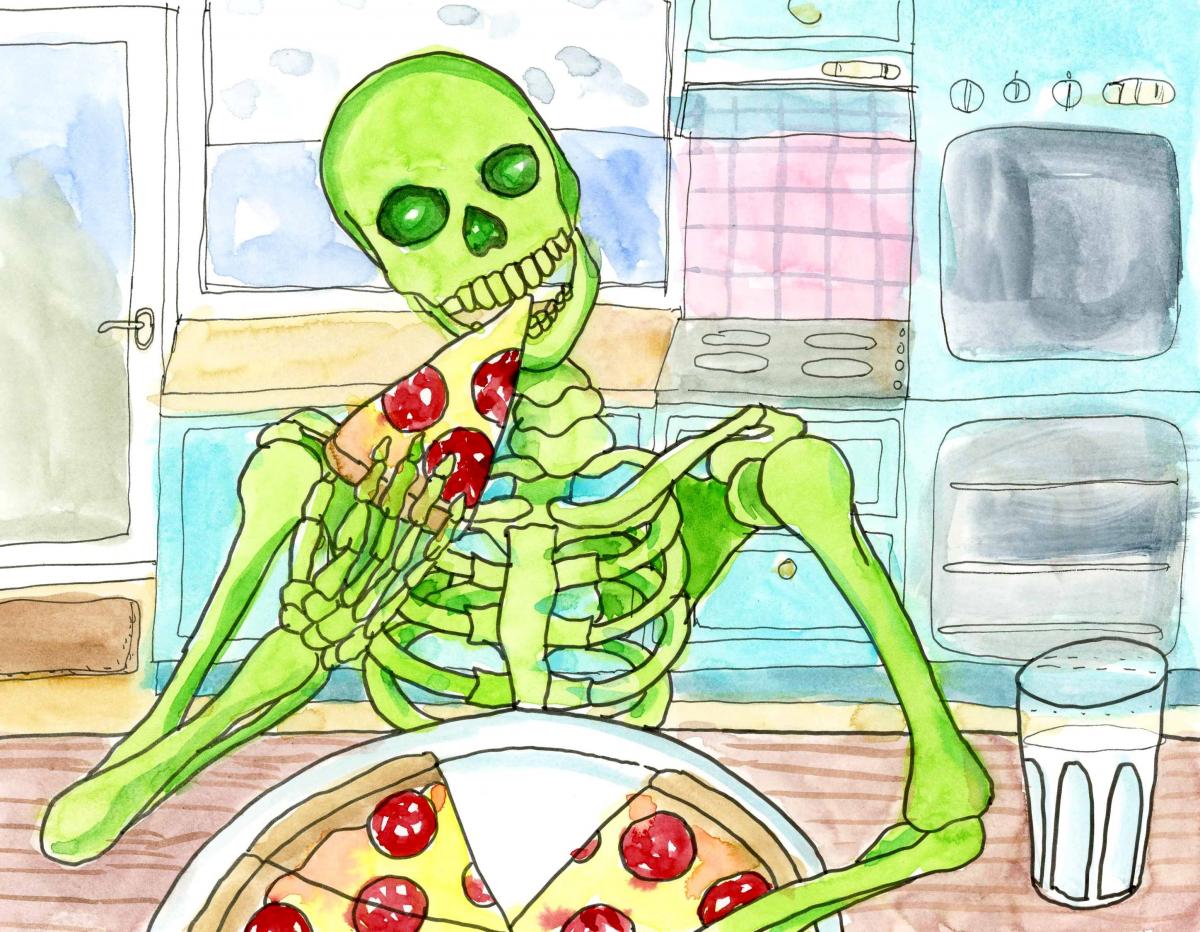 Green Skeleton eating Pizza