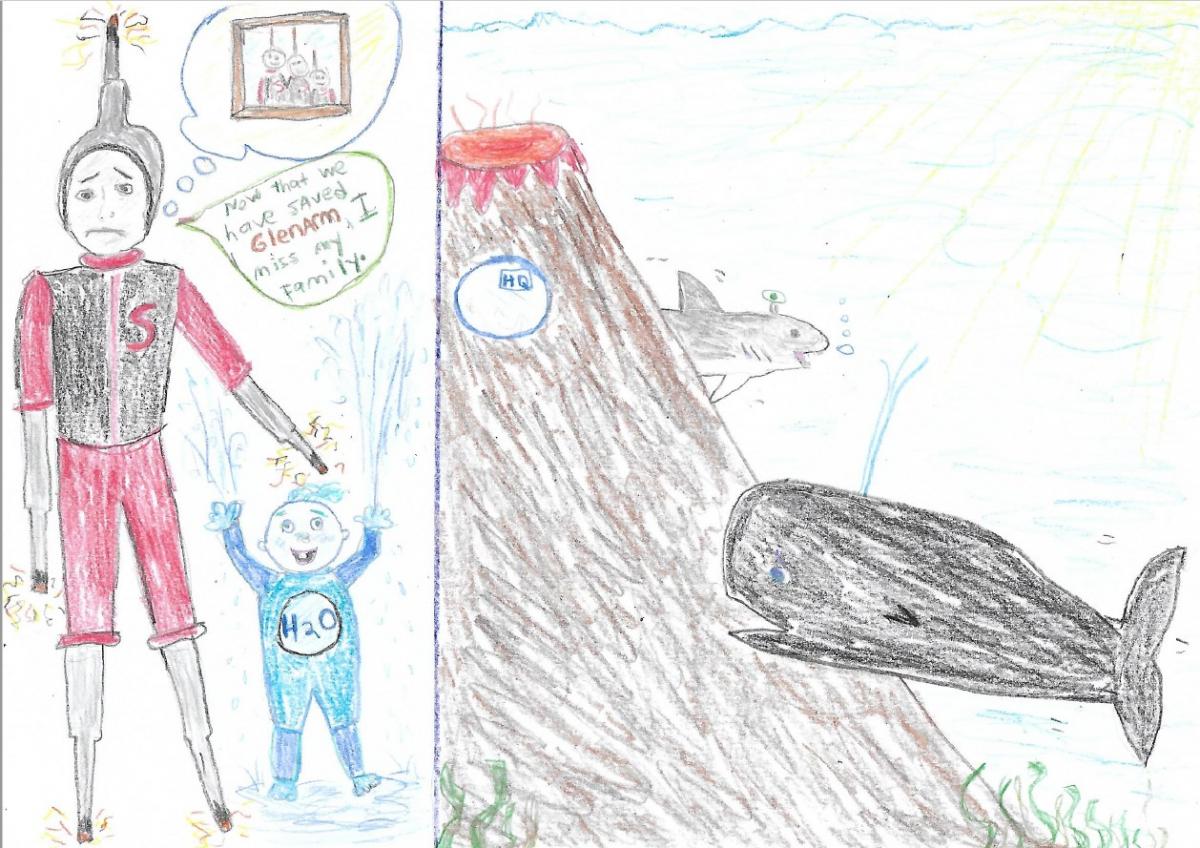 An illustration for Smolder Man's Big Wish written by St Mac Nissi's Primary at the NI science festival, P6