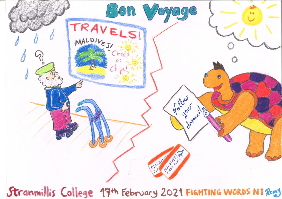 Illustration for Bon Voyage, written by 2nd year BEd Primary Education students, Stranmillis University College