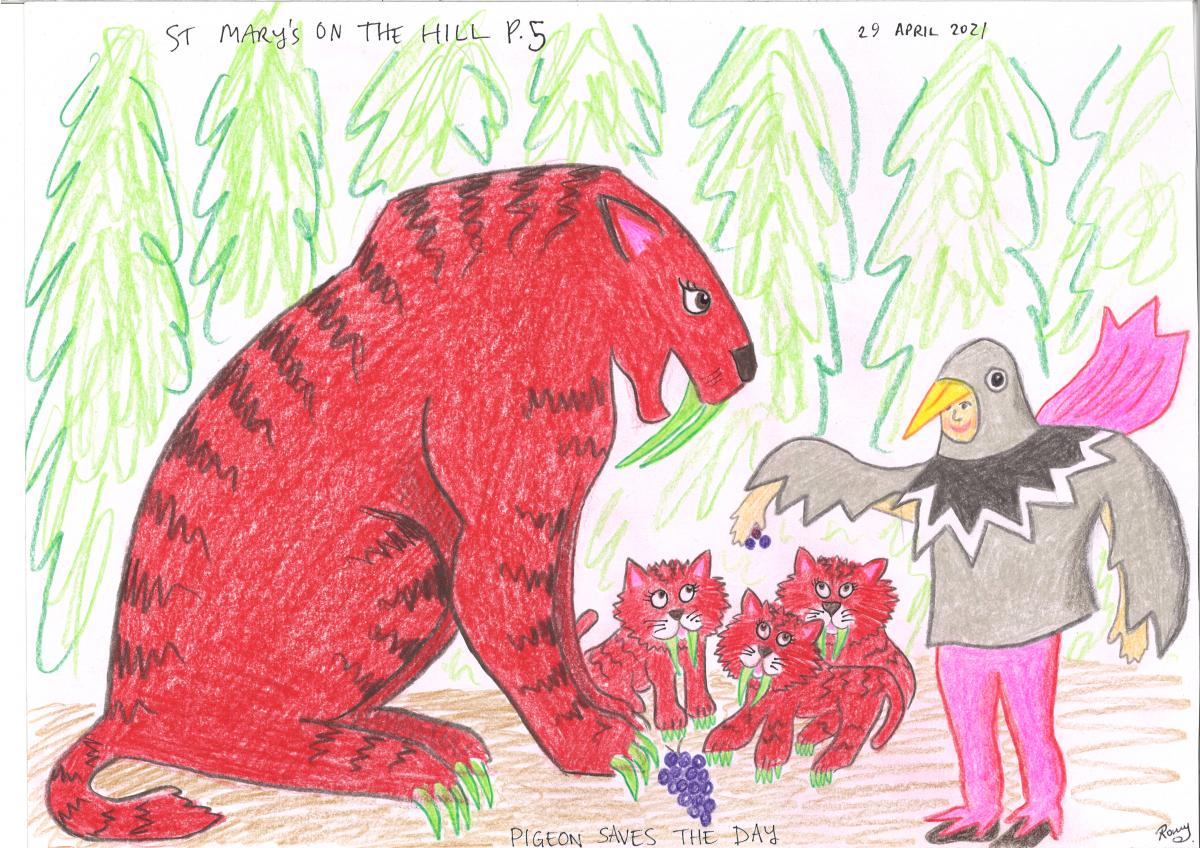 Illustration for Pigeon Saves the Day written by St Mary on the Hill Primary School, P5