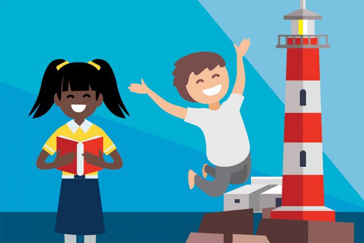 a digital illustration of a boy and a girl (the boy is jumping in the air) standing in front of a red and white striped lighthouse