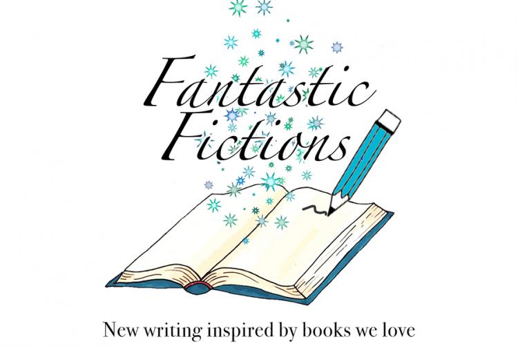 graphic to promote Fantastic Fiction with a pencil writing on a blank book