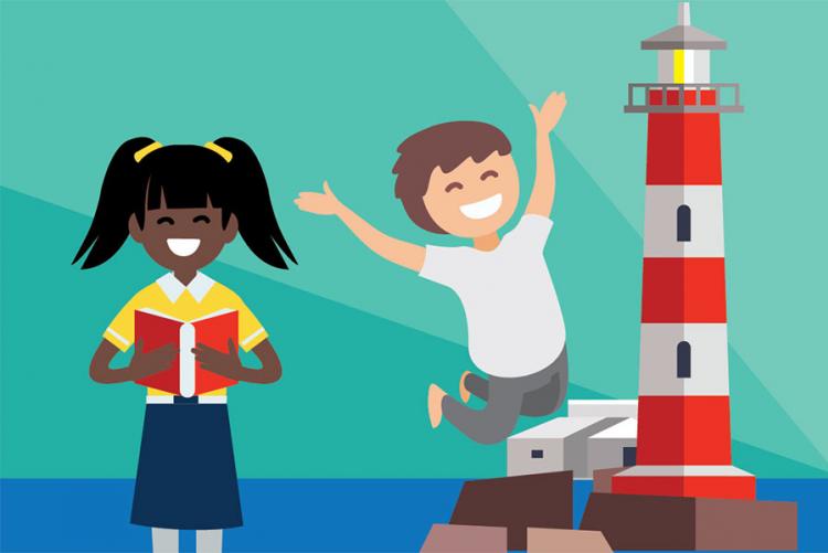 Young Storykeepers illustration of a girl and a boy, who is jumping in the air, standing in front of a lighthouse