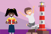 A digital illustration of a young boy and girl standing beside a red and white striped lighthouse