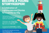 A digital illustration of a young boy and girl standing infront of a red and white striped lighthouse, in a poster advertising Young StoryKeepers.