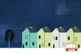 a digital illustration of a row of houses with a car going past