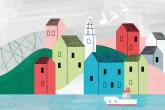 a digital illustration of colourful houses along with sea with a boat sailing past