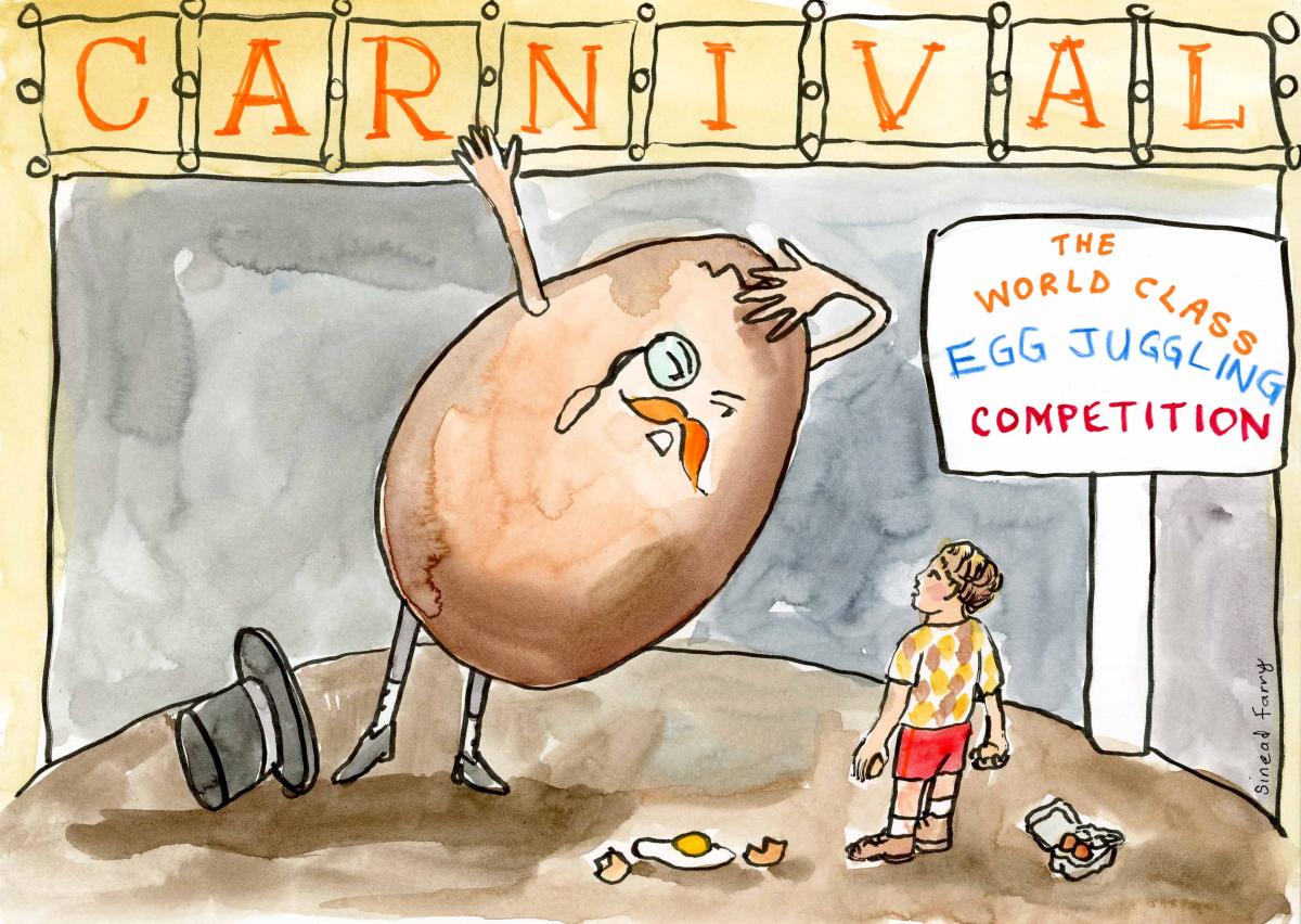 An egg-man at the carnival with a young boy. the egg man has a crack on his head.